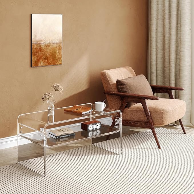 2-Tier Acrylic Coffee Table, Side End Table with Storage Shelf, Modern Center Table for Living Room, Office, Bedroom, Home Small Space, Easy Assembly (Clear)