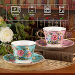 Load image into Gallery viewer, KAMMAK Ceramic Coffee Cups and Saucers Set of 2, Porcelain Espresso Cups with Saucers, 7oz Handcrafted Ceramic Floral Coffee and Tea Cup, Vintage Drinkware for Tea Party, Office, Women Gifts