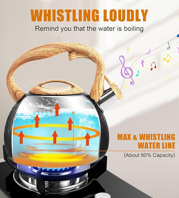 Tea Kettle 3.2Qt Stainless Steel Stovetop Whistling Pot with Heat-Resistant Handle, Fast Boiling Water for Home Kitchen, Induction Compatible & Rust-Proof - Black