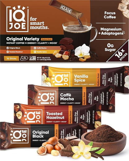 IQJOE Mushroom Instant Coffee - 4-in-1 Formula for Focus, Clarity, Mood, and Energy - Lion’s Mane, Magnesium L-Threonate, Antioxidants, Adaptogens, Sugar Free, Keto, Vegan - 16 Count Variety Pack