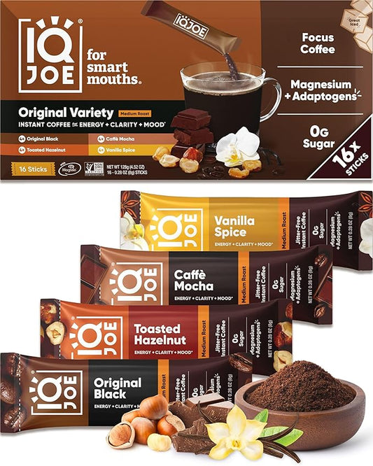 IQJOE Mushroom Instant Coffee - 4-in-1 Formula for Focus, Clarity, Mood, and Energy - Lion’s Mane, Magnesium L-Threonate, Antioxidants, Adaptogens, Sugar Free, Keto, Vegan - 16 Count Variety Pack