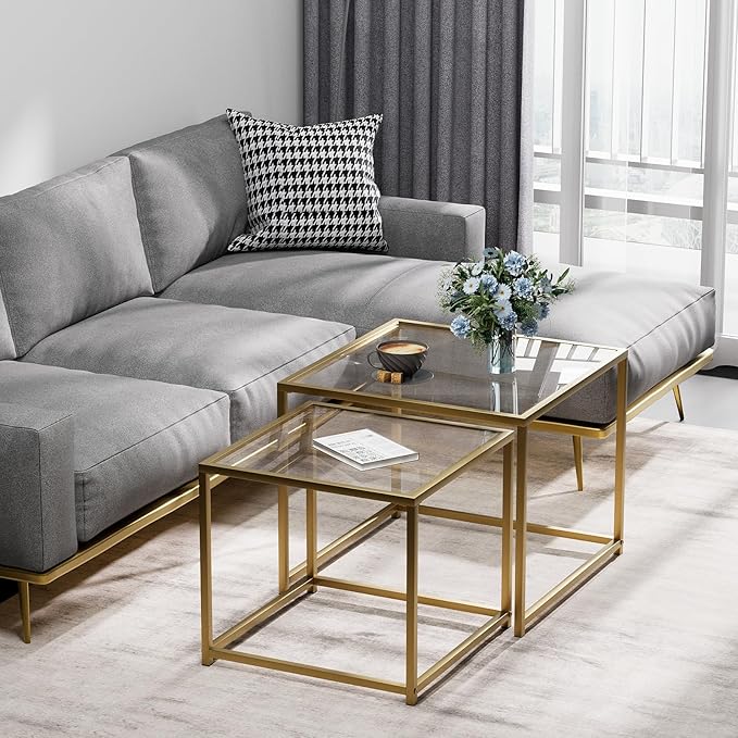 Glass Coffee Table Gold,Nesting Tables Set of 2, Minimalist Coffee Side End Tables for Small Spaces, Sofa Side Tea Coffee Table with Metal Frame for Home, Office, Space-Saving