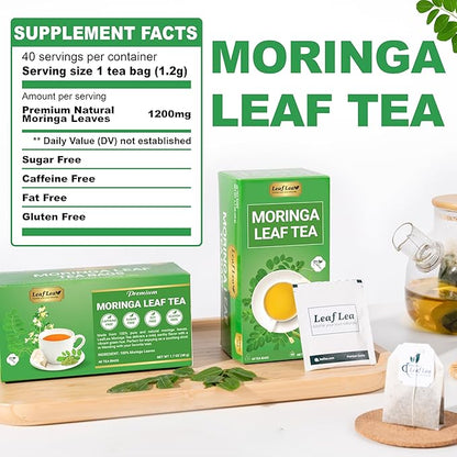 LeafLea 40 Moringa Tea Bags, 100% Natural and Pure Moringa Leaf Herbal Tea, Supports Digestion and Immune Health, Caffeine-Free, Sugar-Free, Vegan