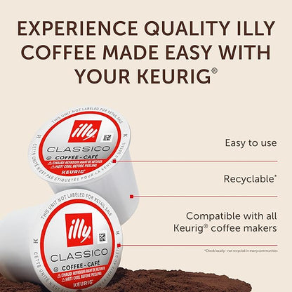 Illy Coffee K-Cups - Compatible Pods for Keurig Coffee Maker - Classico Medium Roast Coffee - Notes of Caramel, Orange Blossom & Jasmine - 10 Count (Pack of 6)