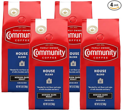 Community Coffee House Blend 12 Ounces, Medium Dark Roast Ground Coffee, 12 Ounce Bag (Pack of 4)