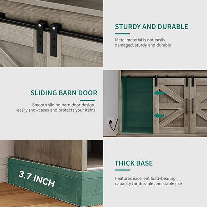 YITAHOME 52" Farmhouse Coffee Bar, Buffet Cabinet with Storage, Sliding Barn Door, Sideboard Cabinet with Goblet Holder, 5 Hooks and Power Outlets for Kitchen, Living Room (Rustic Grey Oak)