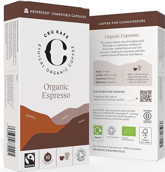 Cru Kafe Strong Espresso USDA Organic Espresso Coffee Capsules (50 Pods) Fairtrade Coffee Pods Compatible with Nespresso Original Line and Pixie Machines