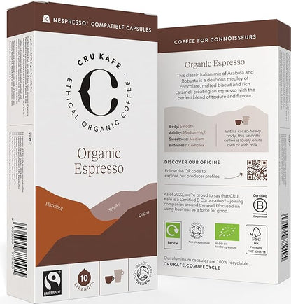 Cru Kafe Strong Espresso USDA Organic Espresso Coffee Capsules (50 Pods) Fairtrade Coffee Pods Compatible with Nespresso Original Line and Pixie Machines