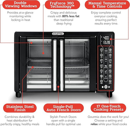 Gourmia Toaster Oven Air Fryer Combo 17 cooking presets 1700W french door digital air fryer oven 24L capacity accessories, convection rack, baking pan tray recipe book GTF7460,Large,Black