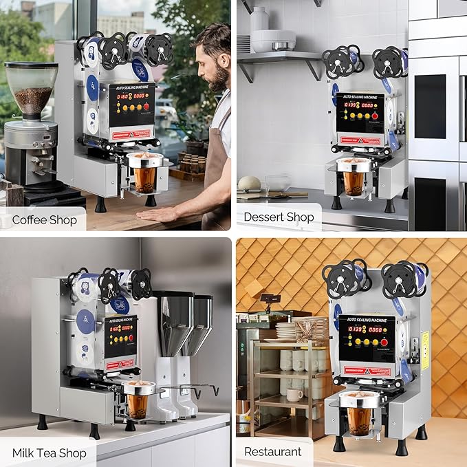 OlymStore Cup Sealing Machine Full Automatic, Electric Bubble Tea Machine, Cup Sealer Machine 500-650 Cups/H with Digital Control LCD Panel for Bubble Milk Tea Coffee, 88/89/90/95mm, Silver