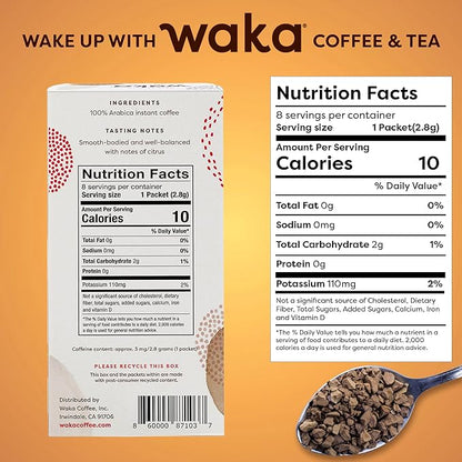Waka Premium Decaf Instant Coffee Sachets — 100% Arabica Freeze Dried Beans — For Hot or Iced Coffee (8 Count, Decaf Medium Roast)