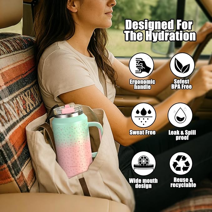 Hydraful 64 oz Tumbler with Handle and Straw - 100% Leak-Proof - Insulated Cup Reusable Stainless Steel Large Water Bottle Travel Mug for Gym, Hiking, and Camping - Gifts for Women Men Him Her