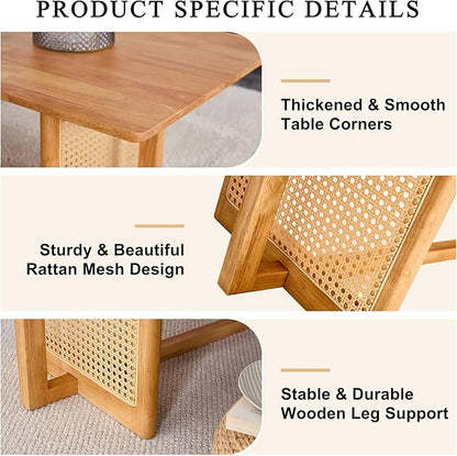 Mid Century Modern Wood Coffee Table with PE Rattan Stand, 47 Inch Rectangular Solid Wood Boho Coffe Table, Unique Center Cocktail Table for Livinig Room Apartment Office