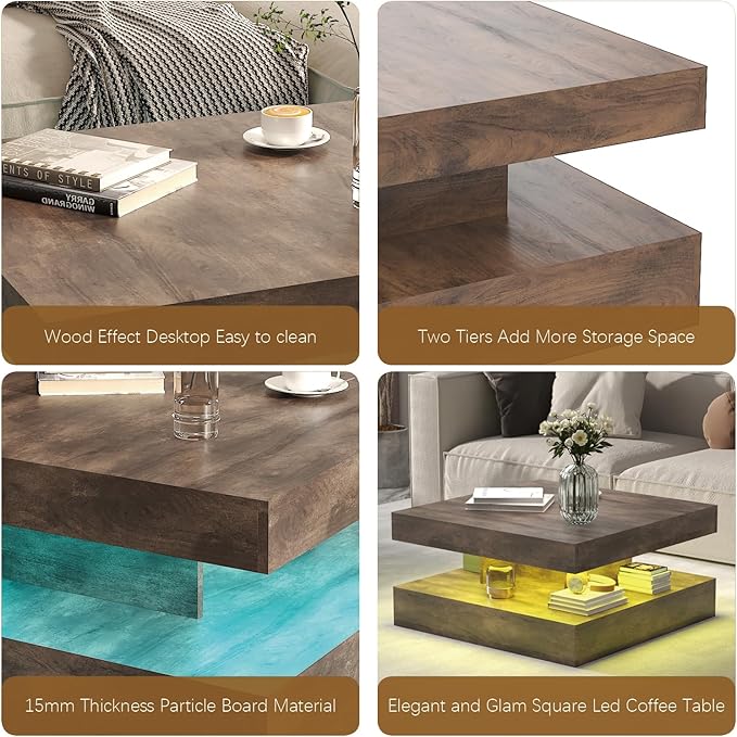 LED Coffee Table for Living Room, Living Room Table 2-Tier Square Middle Center Table, Modern Coffee Tables with Storage, Contemporary Wood Tea Tables for Dining Reception, Rustic