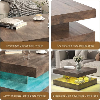 LED Coffee Table for Living Room, Living Room Table 2-Tier Square Middle Center Table, Modern Coffee Tables with Storage, Contemporary Wood Tea Tables for Dining Reception, Rustic