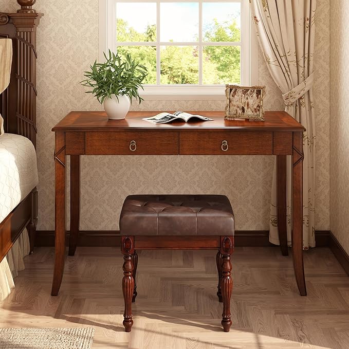 PADMA HOUSE Solid Wood Console Table with 2 Drawers, 46" L Tradional Sofa Table with Dual Hourglass Tabletop, Large Secretary Desk Entry Table for Home Office, 46.06 * 21.65 * 30.91in