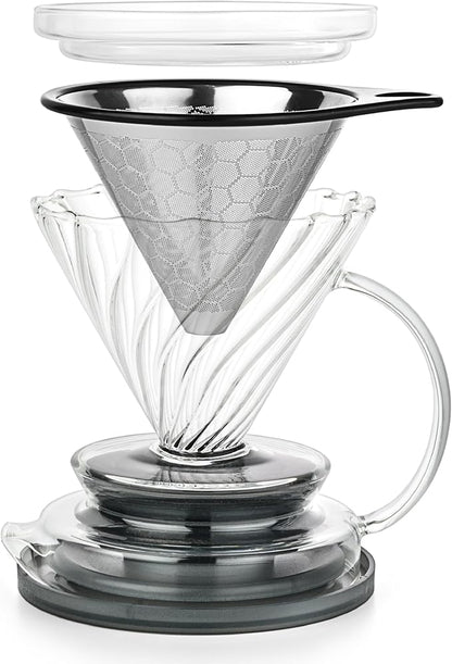Pour Over Coffee Maker – Borosilicate Glass Dripper with Stainless Steel Reusable Filter, Manual Eco Brewer, Plastic-Free Non-Toxic Coffee Station, Innovation Infuser for Daily Brewing