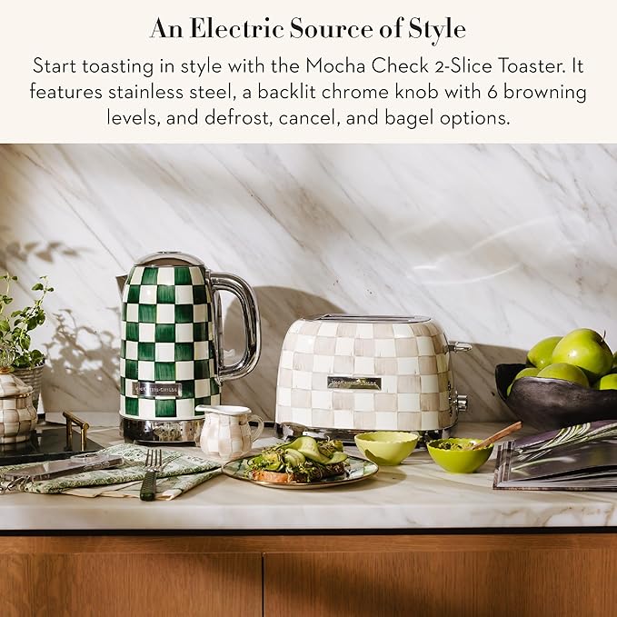 MACKENZIE-CHILDS 2-Slice Toaster, Decorative Toaster for Kitchen, Brown-and-White Mocha Check