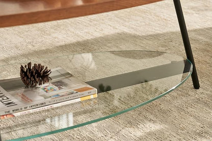 Shrine Glass Coffee Table, Black Walnut Table for Living Room, Glass and Wood Table, 43.3" D x 21.6" W x 15.7" H, Clear Glass Base, Walnut Wood Top&Black Metal Frame