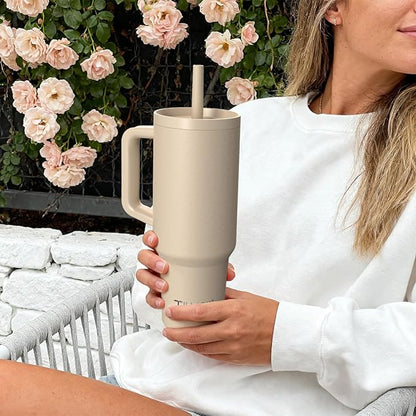 TILUCK 30 oz Tumbler with Handle, Vacuum Insulated Stainless Steel Travel Mug with 100% Leak-Proof Silicone Straw Lid, Cupholder Friendly Water Bottle(SakuraPink, 30oz)