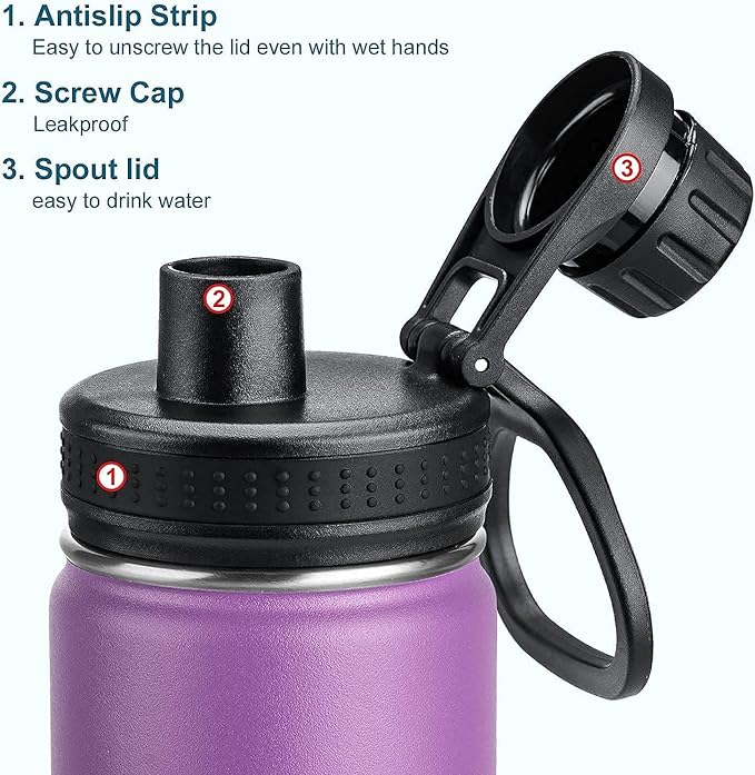 koodee Kids Water Bottle-16 oz Stainless Steel Double Wall Vacuum Insulated Water Bottle for School, Reusable Wide Mouth Sports Water Flask with Leakproof Spout Lid-BPA Free(Purple)