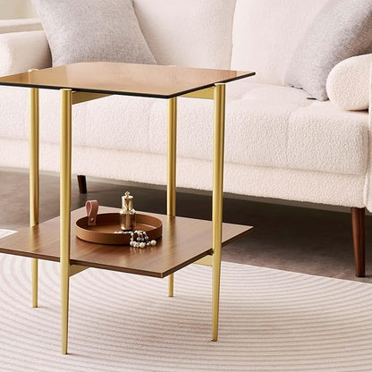 Glass End Table, Mid-Century Modern Design Sofa Table, L41 x W21 x H17, for Living Room, 2-Tier Structure, Clear Glass Top and Walnut MDF Shelf, Sleek Conical Metal Legs with Gold Finish Frame