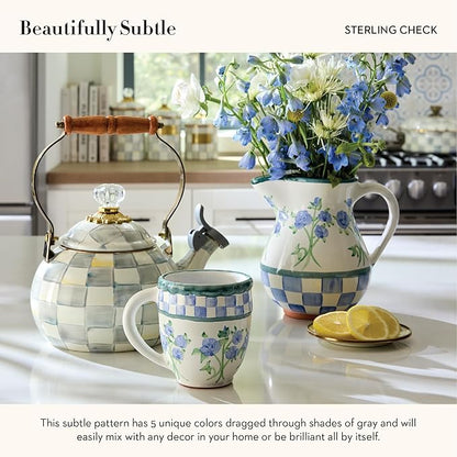 MACKENZIE-CHILDS Enamel Whistling Tea Kettle, Decorative Teapot for Stovetop, Gray-and-White Sterling Check