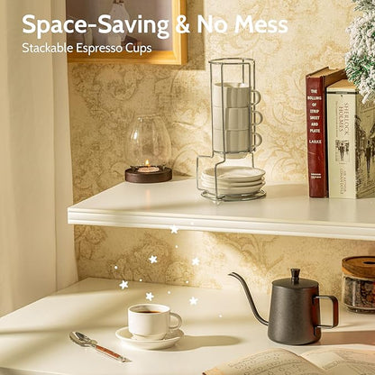 Sweese 4 Ounce Porcelain Stackable Espresso Cups with Saucers and Metal Stand Set of 4, White