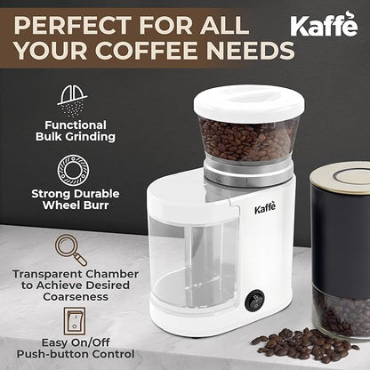 Kaffe Electric Burr Coffee Grinder (5.5oz) w/Adjustable Coarseness Settings - Flat Burr - [New Upgraded Motor ] - Precision Coffee Bean Grinder for Home Use - White