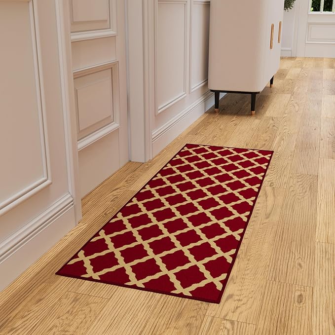 Ottomanson Hallway Runner Rug 20" x 59" Non Slip Trellis Area Rugs Easy to Clean Laundry Rug Runner Durable & Pet Friendly Floor Carpet Runners for Hallways Entryway Living Room Kitchen Bathroom, Red