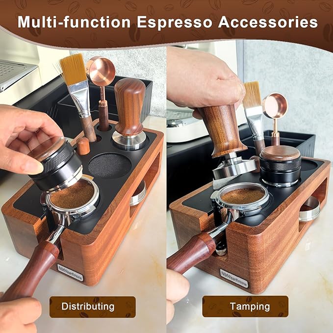 NMWearthmone Espresso Tamping Station,Solid Wood Espresso Accessories Organizer,Multi-Functional Coffee Accessories Tamper Station,Espresso Station Fit For Standard Portafilter (Upgraded Red, 51-58mm)