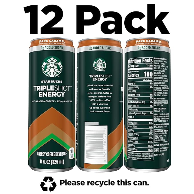 Starbucks Tripleshot Coffee Energy Drink, Dark Caramel, 11 fl oz Cans (12 Pack), Triple Blend, 165mg Caffeine, B Vitamins, Protein, Iced Coffee (Packaging and Formula May Vary)