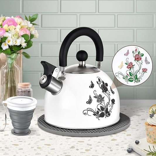 ARC Stainless Steel Whistling Tea Kettle, Magic Color Changing Design 2-Quart Stovetop Kettle Whistle White Teapot with Folding Cup & Trivet Mat