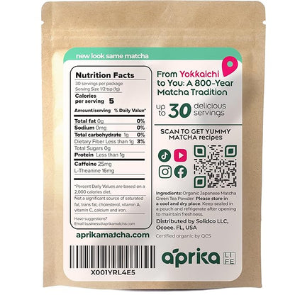 AprikaLife Matcha Powder from Japan, USDA and JAS Organic Matcha Green Tea Powder, No Sugar Added, Perfect for Matcha Latte, Japanese Green Tea - Premium Cafe Grade - 1 oz/ 30g