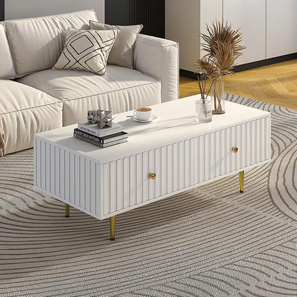 Modern Coffee Table with Storage with 2 Big Drawers, White Rectangle Coffee Table for Living Room, Wooden Fluted Table Accent Tea Table for Living Room Apartment Small Space