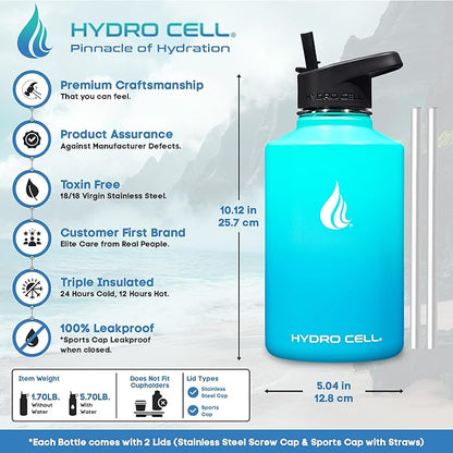 HYDRO CELL Stainless Steel Insulated Water Bottle with Straw - For Cold & Hot Drinks - Metal Vacuum Flask with Screw Cap and Modern Leakproof Sport Thermos for Adults (Teal/Blue 64oz)