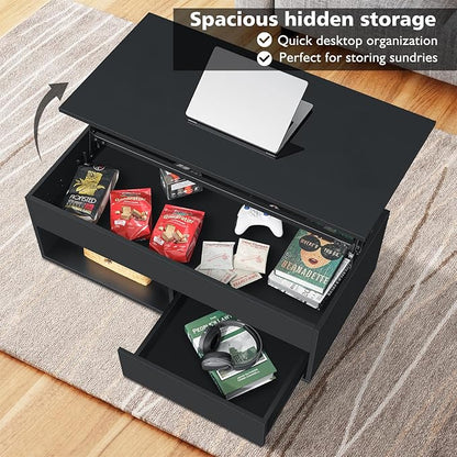 HOMMPA 40" Lift Top Coffee Table with Storage LED Coffee Table Morden High Gloss Living Room 3 Tiers Modern Tea Table with Storage Center Tables Hidden Compartment & Open Shelve & Drawer Black