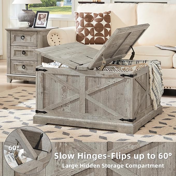 Farmhouse Coffee Table with Large Hidden Storage Compartment, Light Oak Square Center Table, Wood Rustic Low Modern Living Room Tables with Hinged Lift Brown Top & Wooden Arc Base