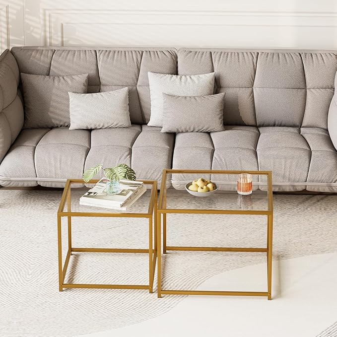 VILAWLENCE Coffee Table Set of 2, Modern Gold Glass Side Table, Metal Frame Square End Table, Center Tables, Nesting Coffee Table for Living Room, Bedroom and Small Spaces, 23.6in