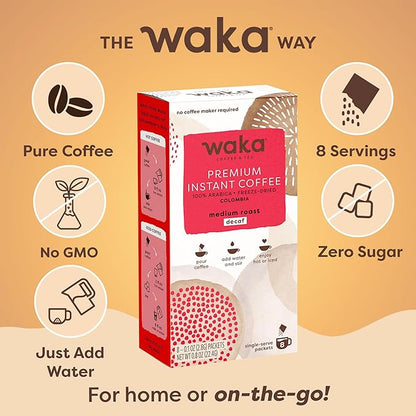 Waka Premium Decaf Instant Coffee Sachets — 100% Arabica Freeze Dried Beans — For Hot or Iced Coffee (8 Count, Decaf Medium Roast)