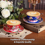 Load image into Gallery viewer, KAMMAK Ceramic Coffee Cups and Saucers Set of 2, Porcelain Espresso Cups with Saucers, 5.64 oz Handcrafted Ceramic Floral Coffee and Tea Cup, Vintage Drinkware for Tea Party, Office, Women Gifts