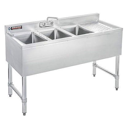 DuraSteel 3 Compartment Under Bar Sink - CEC & NSF 304 Stainless Steel 3 Bay Utility Sink with No Lead Faucet - 48" L x 19" W x 33" H - Right Drainboard Commercial Restaurant Grade