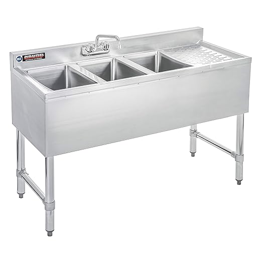 DuraSteel 3 Compartment Under Bar Sink - CEC & NSF 304 Stainless Steel 3 Bay Utility Sink with No Lead Faucet - 48" L x 19" W x 33" H - Right Drainboard Commercial Restaurant Grade