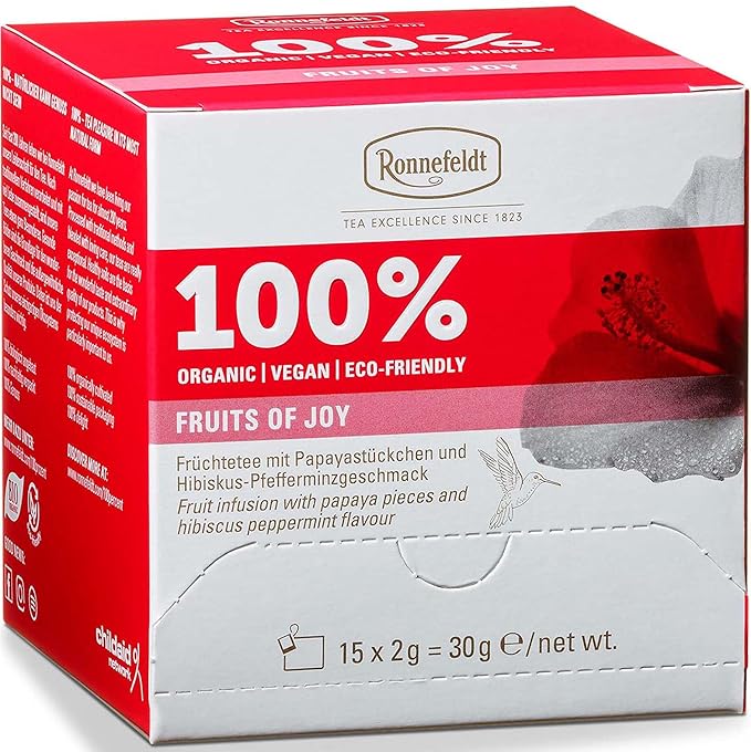 Ronnefeldt 100% Fruits of Joy – German Fruit & Herbal Tea with Hibiscus, Rose Hips, Papaya & Mint – Loose Leaf in 15 Individually Wrapped Bags – Naturally Caffeine-Free