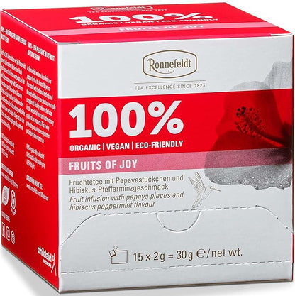Ronnefeldt 100% Fruits of Joy – German Fruit & Herbal Tea with Hibiscus, Rose Hips, Papaya & Mint – Loose Leaf in 15 Individually Wrapped Bags – Naturally Caffeine-Free