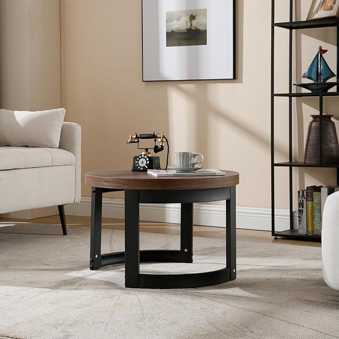 Wahson Mid-Century Modern Coffee Table, 23.5" Wide Round Coffee Table for Living Meeting Room/Reception Room/Office/Espresso with Black Iron Legs, Rustic Brown