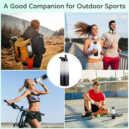 DOMICARE 40 oz Insulated Water Bottle Bulk, Vacuum Insulated Stainless Steel Sports Water Bottle with Straw Lid & Spout Lid, Leakproof, Reusable - Travel, Camping, Bike, Black White Gradient (4 Pack)