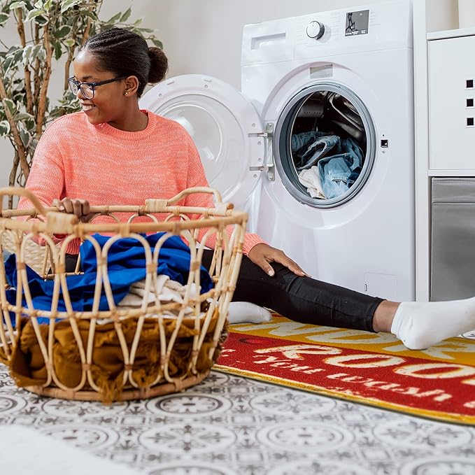 Ottomanson 20" x 59" Oval Laundry Room Rug - Non-Slip Mat for Laundry & Mudroom - Durable, Stain-Resistant, and Easy to Clean - Perfect for High-Traffic Areas - Runner Rug for Entryway, Yellow/Red