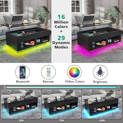 HOMMPA 40" Modern LED Coffee Table with Storage for Living Room, Lift Top Coffee Table with 2 Shelves, High Glossy Wooden Dining Table, Multifunctional Furniture for Bedroom Home Office, Black