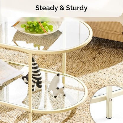 VINGLI 38" Glass Coffee Table, Oval Coffee Tables for Living Room, Small Coffe Table with 2-Tier Storage, Modern Center Table for Home Decor, Office, Small Space, Beige